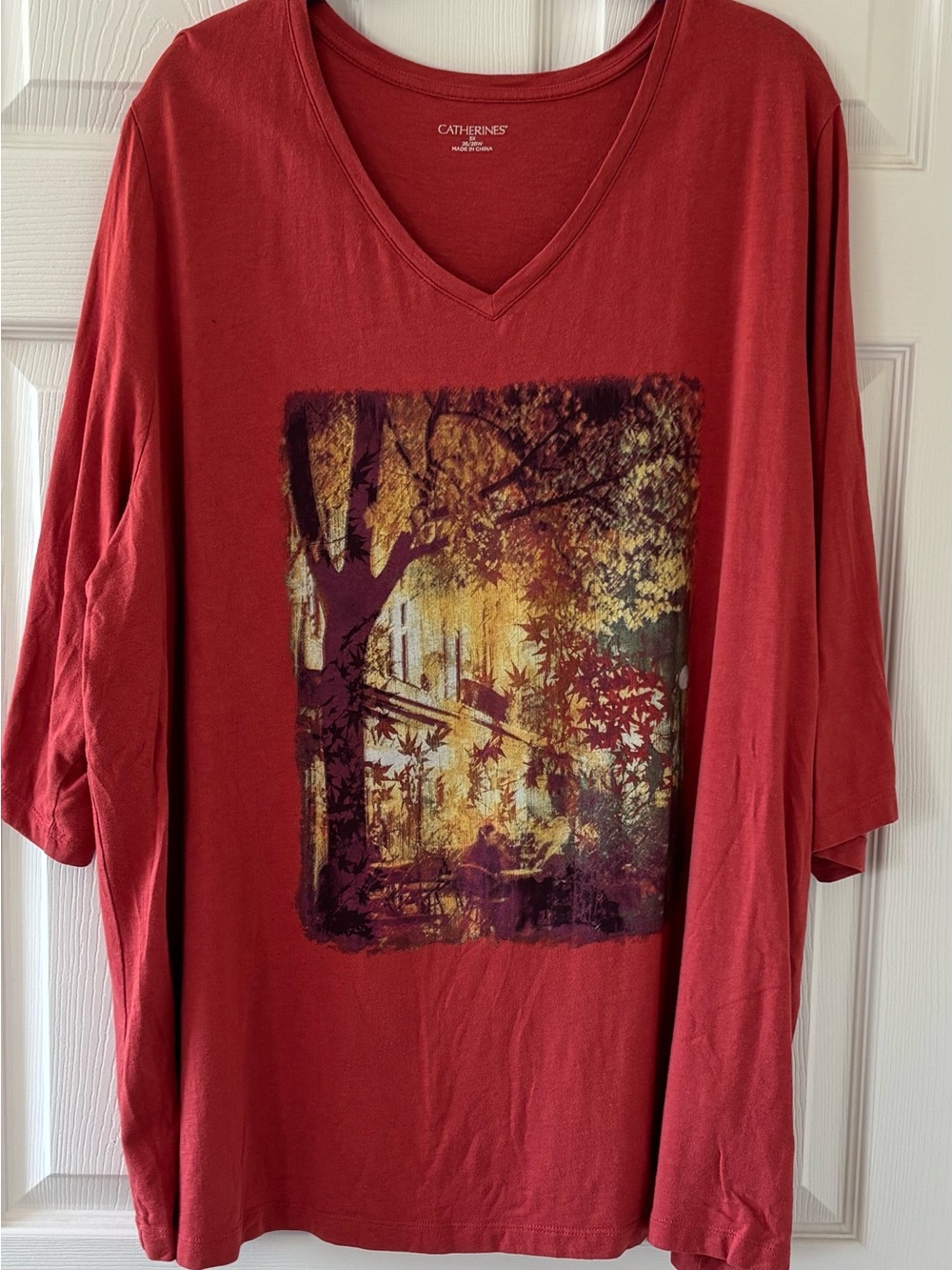 Catherines Orange V-Neck Short Sleeve Tee with Scenic Graphic